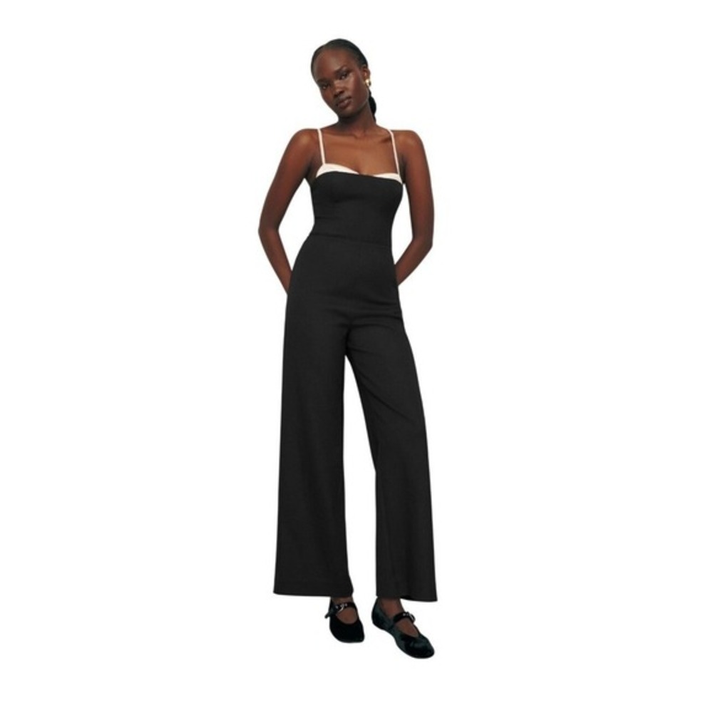 Reformation Melanie Jumpsuit Black Crepe Lace Trim Contrast Detailing 4